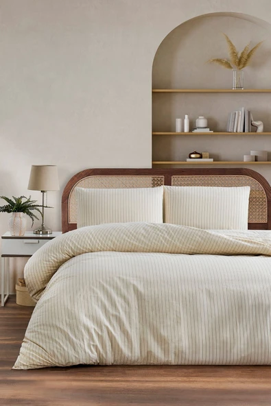 LaLiva %100 Pamuk Çift Kişlik Çizgili Nevresim Takımı Naturel -Çarşafı Lastikli - Resim 4