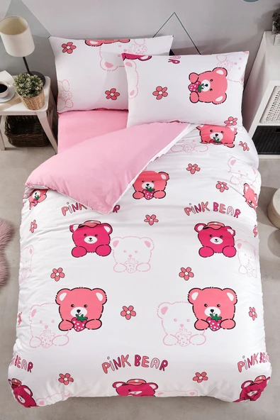 LaLiva Çarşafı Lastikli Ayıcıklı Pembe Çocuk Nevresim Takımı