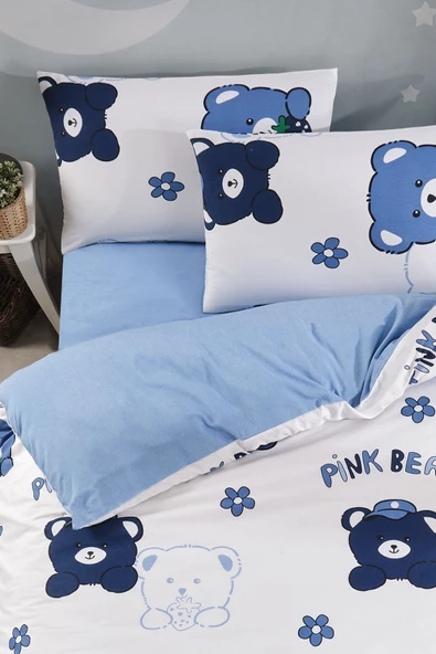 LaLiva Çarşafı Lastikli Ayıcıklı Mavi Çocuk Nevresim Takımı - 4