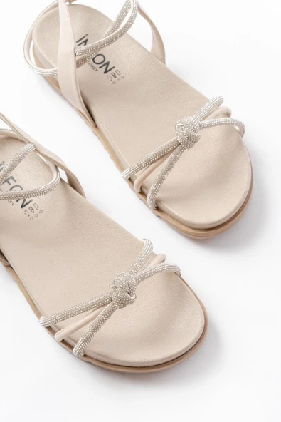 1001-1120 Bej Gümüş Taşlı Günlük Kadın Sandalet - 4