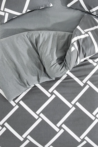 LaLiva Geometrik Kareli Çarşafı Lastikli Çift Kişilik Nevresim Takımı - Resim 5