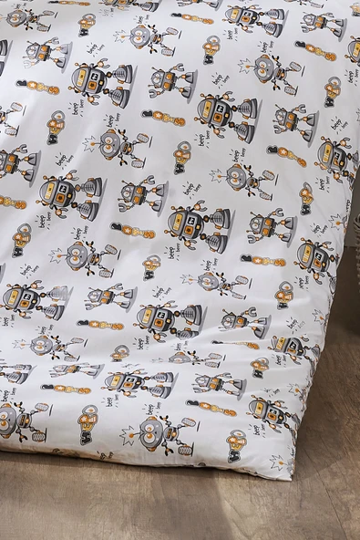 LaLiva %100 Doğal Pamuk Akfil Kumaş Robotlu Bebek Nevresim Takımı - Resim 5