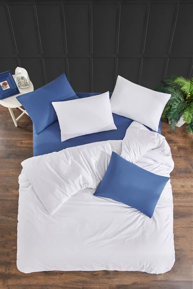 LaLiva %100 Doğal Pamuk Akfil Kumaş Çarşafı Lastikli Çift Kişilik Nevresim Takımı  Beyaz mavi - Resim 2