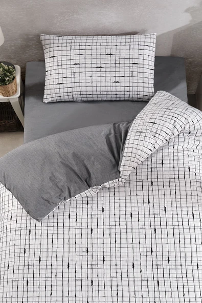 LaLiva Gri Beyaz Kareli Çarşafı Lastikli Tek Kişilik Nevresim Takımı - Resim 3
