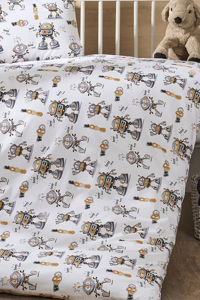 LaLiva %100 Doğal Pamuk Akfil Kumaş Robotlu Bebek Nevresim Takımı - Resim 4