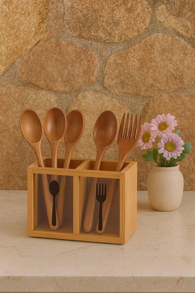 Bambu Ikili Kaşıklık Kutusu, Bambu Çatal Kaşıklık (13CM) - 1