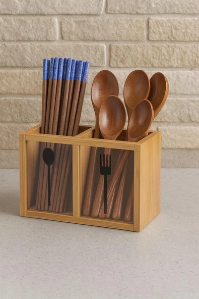 Bambu Ikili Kaşıklık Kutusu, Bambu Çatal Kaşıklık (13CM) - 2