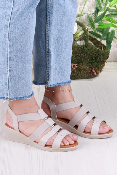 Fort 35604 Mavişim Rahat Esnek Lastik Bağlamalı Dolgu Topuklu Kadın Sandalet - Resim 3