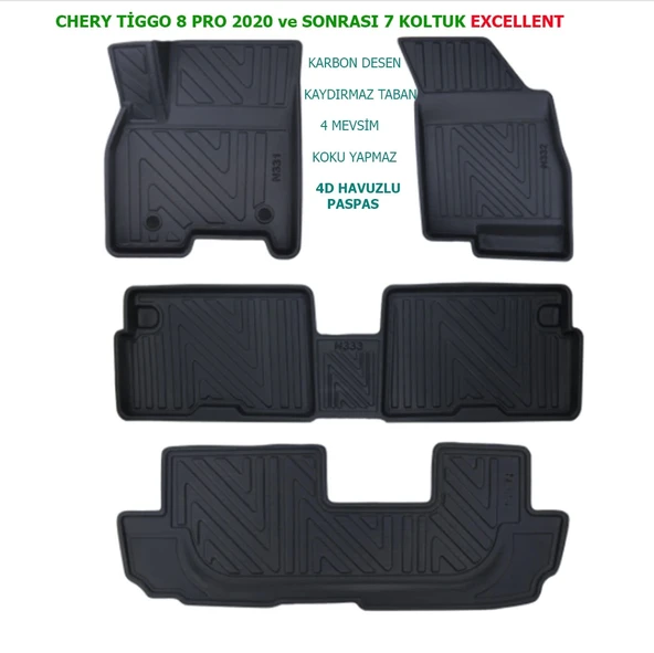 Chery Tiggo 8 Pro 7 Koltuk EXCELLENT 2020 ve Sonrası 4D Premium Havuzlu Paspas