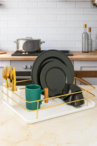 Beyaz Bulaşıklık Kurutma Sepeti | Tek Katlı Tabaklık & Çatal Kaşıklık Düzenleyici ürün görseli