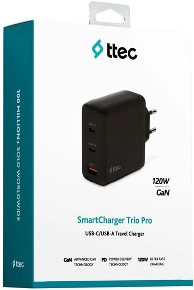 Ttec 2SCG04B Smartcharger Trio Gan 120W PD 2 Usb-C + Usb-A Hızlı Şarj Aleti Siyah - Resim 2