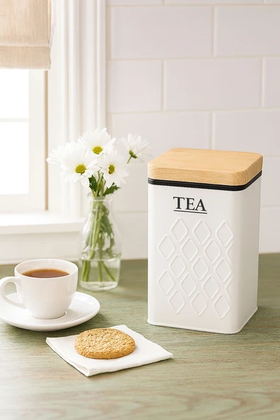 Ahşap Görünümlü Metal Kapaklı 1 Adet Gofreli Beyaz Çay Saklama Kutusu & Kavanoz 17*11*8 cm