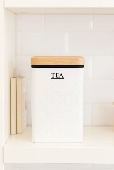 Ahşap Görünümlü Metal Kapaklı 1 Adet Gofreli Beyaz Çay Saklama Kutusu & Kavanoz 17*11*8 cm - 2