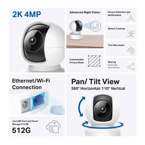 TP-LINK Tapo C222, 4,0Mpix, Iç ve Dis Mekan, Wifi-Ethernet, 12Mt. Gece Görüsü, 360 Dönüs, Dikey ve Yatay Hareket, Iki Yönlü Ses, Yapay Zeka Destekli Güvenlik Kamerasi - 2