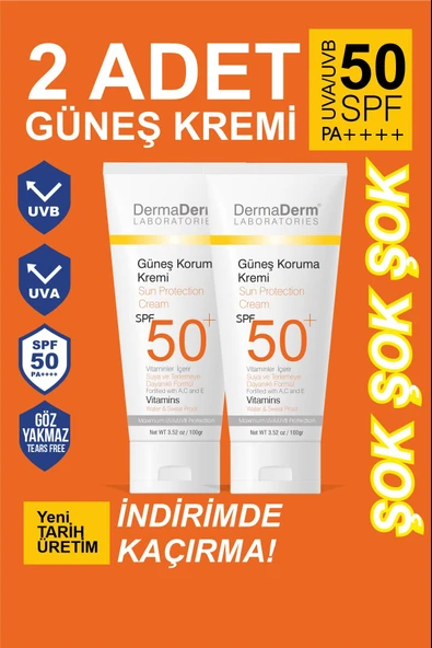 Dermaderm 2 Adet Spf 50+ Güneş Koruma Vitaminli Yüz ve Vücut Güneş Kremi 2 x 100 ml.