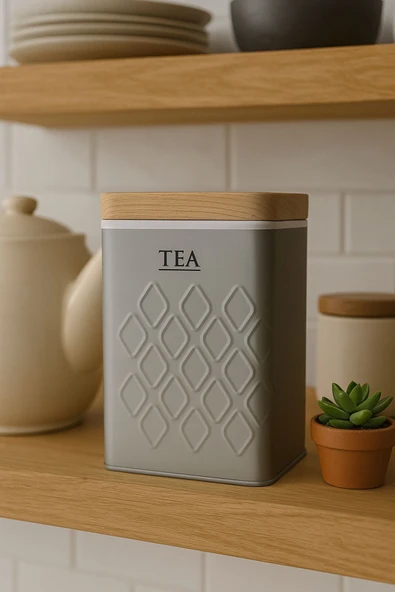 Ahşap Görünümlü Metal Kapaklı 1 Adet Gofreli Gri Çay Saklama Kutusu & Kavanoz 17*11*8 cm - 2