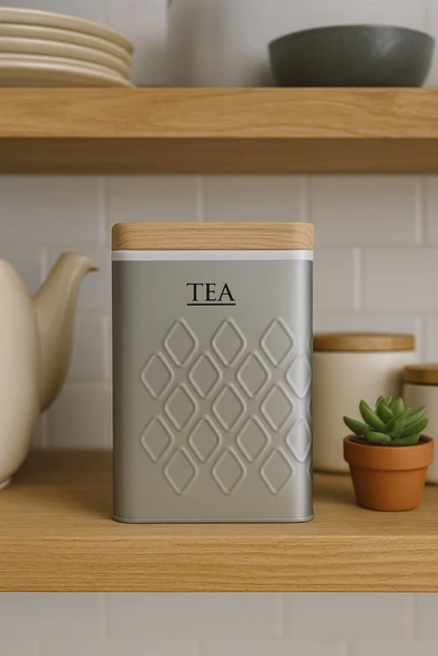 Ahşap Görünümlü Metal Kapaklı 1 Adet Gofreli Gri Çay Saklama Kutusu & Kavanoz 17*11*8 cm