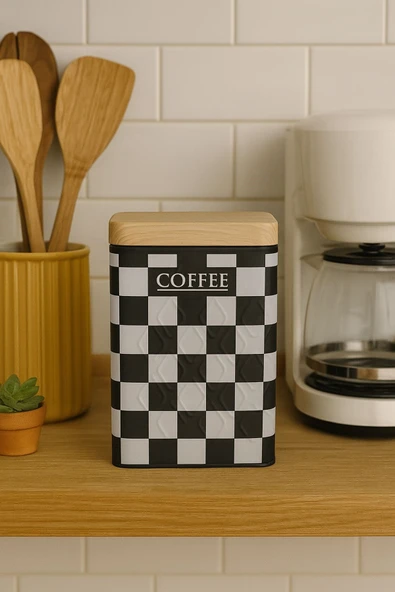 Ahşap Görünümlü Metal Kapaklı 1 Adet Gofreli Siyah Beyaz Damalı Kahve Saklama Kutusu & Kavanoz 17*11*8 cm - 3