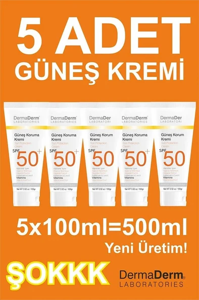 Dermaderm 5 Adet Spf 50+ Güneş Koruma Vitaminli Yüz ve Vücut Güneş Kremi 5 x 100ML.
