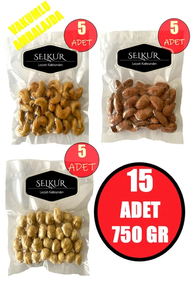 SELKUR  KARIŞIK KURUYEMİŞ 50GRX15 ADET NET:750GR(KAJU, BADEM, FINDIK 1. KALİTE VAKUMLU AMBALAJDA)