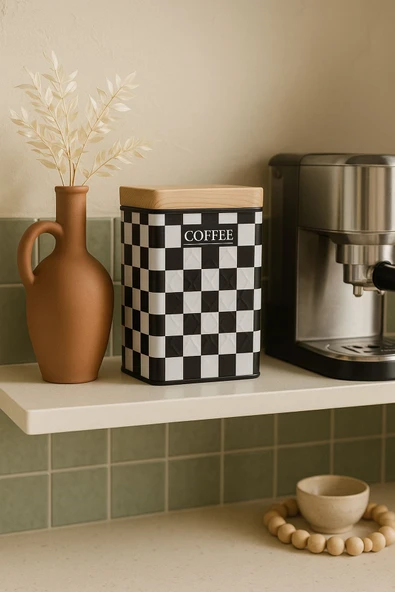 Ahşap Görünümlü Metal Kapaklı 1 Adet Gofreli Siyah Beyaz Damalı Kahve Saklama Kutusu & Kavanoz 17*11*8 cm