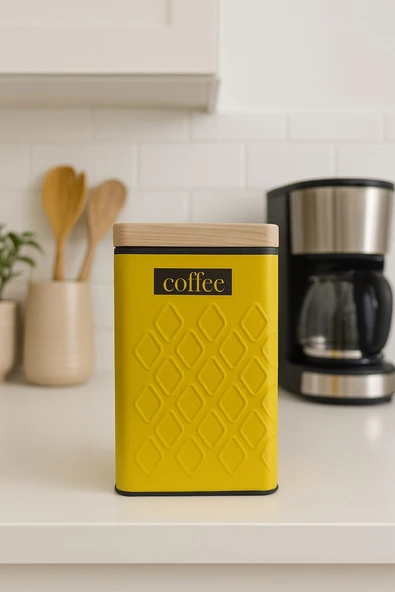 Ahşap Görünümlü Metal Kapaklı 1 Adet Gofreli Sarı Kahve Saklama Kutusu & Kavanoz 17*11*8 cm - 3