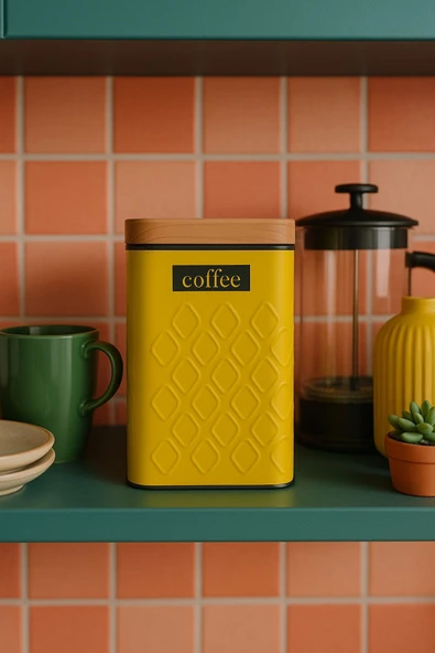 Ahşap Görünümlü Metal Kapaklı 1 Adet Gofreli Sarı Kahve Saklama Kutusu & Kavanoz 17*11*8 cm - 4
