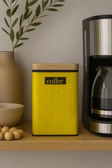 Ahşap Görünümlü Metal Kapaklı 1 Adet Gofreli Sarı Kahve Saklama Kutusu & Kavanoz 17*11*8 cm - 2