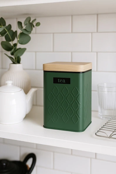 Ahşap Görünümlü Metal Kapaklı 1 Adet Gofreli Yeşil Çay Saklama Kutusu & Kavanoz 17*11*8 cm