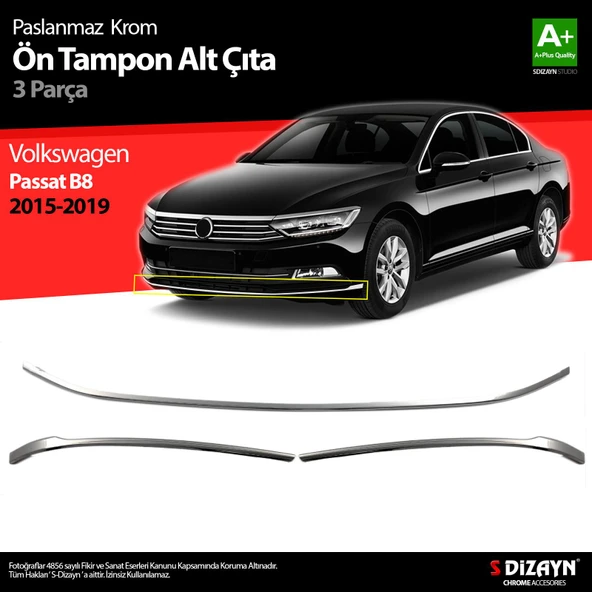 S-Dizayn VW Passat B8 Krom Ön Tampon Alt Çıtası 3 Parça 2015-2019 ürün görseli