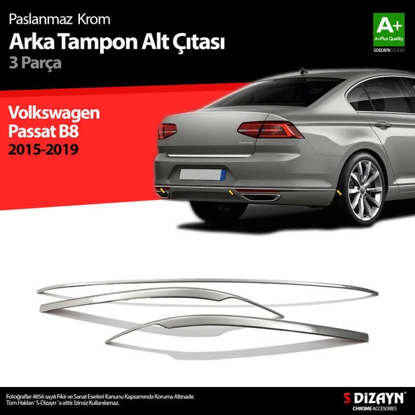 S-Dizayn VW Passat B8 Krom Arka Tampon Alt Çıtası 3 Parça 2015-2019 ürün görseli