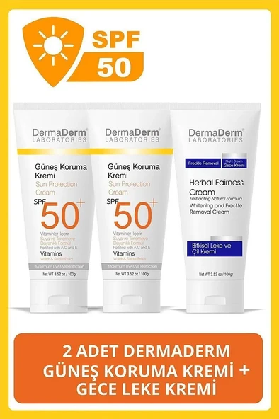 Dermaderm 2 Adet Spf 50+ Güneş Koruma Vitaminli Yüz ve Vücut Güneş Kremi 2 x 100ml ve 1 Adet Bitkisel Gece Leke Kremi 100 ml