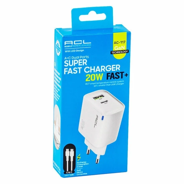 ACL AC-117 20W,QC 3.0 C to C Kablolu A+C Çift Portlu GaN, Şarj Aleti Seyahat Şarj ürün görseli 1