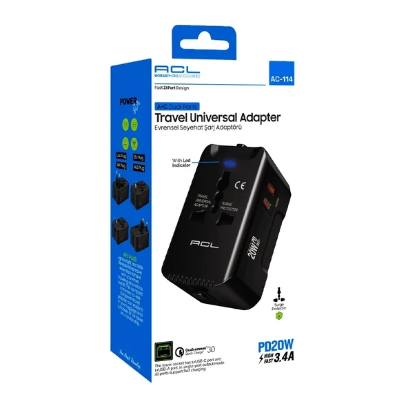 ACL AC-114 20W, 3.4A A+C Çift Portlu QC 3.0 Seyehat Şarj Adaptörü Seyahat Şarj - Resim 2