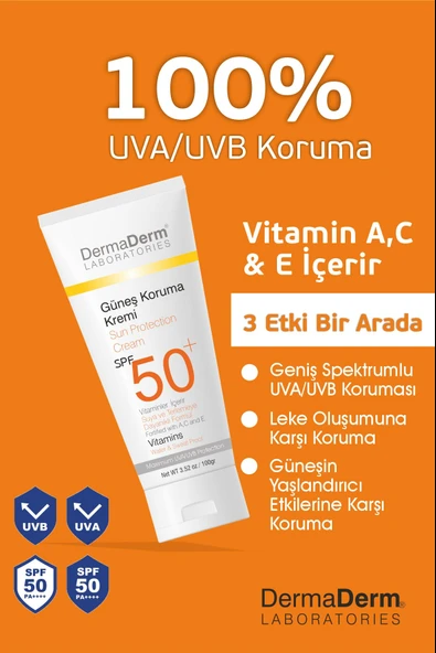 Dermaderm 3 Adet Spf 50+ Güneş Koruma Vitaminli Yüz ve Vücut Güneş Kremi 3 x 100 ml. ve 1 Adet Leke Karşıtı Güneş Serumu 50 ml. - 5