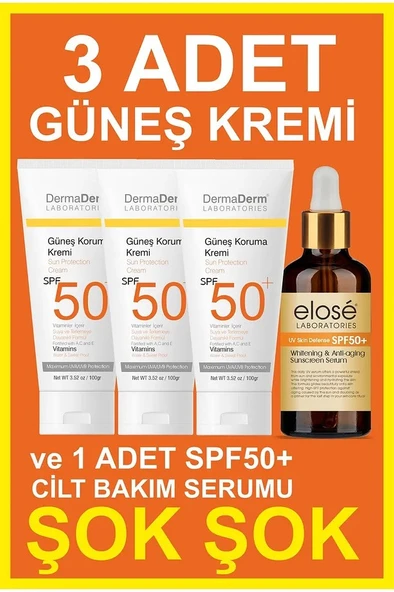 Dermaderm 3 Adet Spf 50+ Güneş Koruma Vitaminli Yüz ve Vücut Güneş Kremi 3 x 100 ml. ve 1 Adet Leke Karşıtı Güneş Serumu 50 ml.