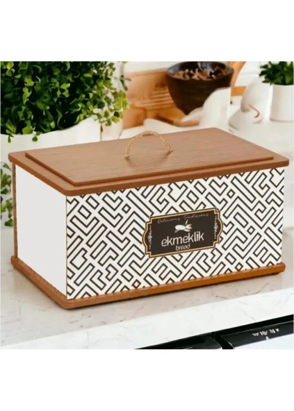 Dekoratif Ahşap Kapaklı Ekmeklik – Geometrik Desenli