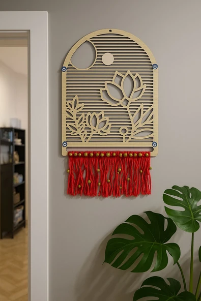 Lotus Motifli Üzerlik Tohumlu Ahşap Duvar Dekoru , Nazara Karşı Koruyucu