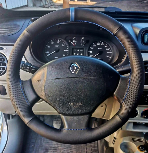 DİKİŞLİ DİREKSİYON KILIFI SİYAH DERİ NOKTALI DERİ MAVİ YÜZÜK / DİKİŞLİ KANGO / MEGANE 1 İÇİN ürün görseli