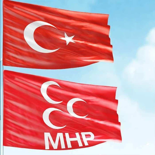 70x105 cm Alpaka Kumaş Türk Bayrağı ve 100x150 cm Raşel Kumaş MHP Bayrak - 2 Bayrak Set - 1