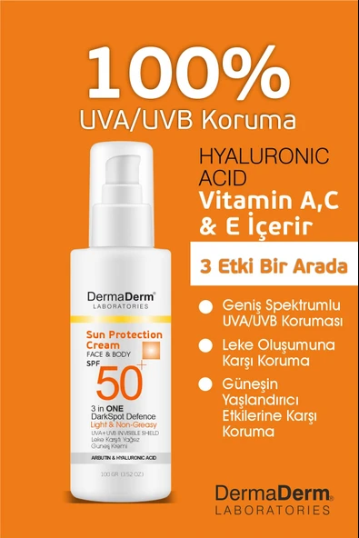 Dermaderm 3 Adet Spf 50+ Güneş Koruma Vitaminli Yüz ve Vücut Güneş Kremi 3 x 100ml ve 1 Adet Yüksek Koruma Leke Karşıtı Güneş Kremi - 3