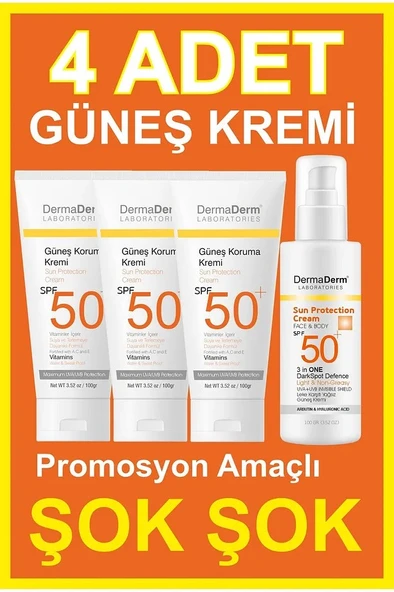 Dermaderm 3 Adet Spf 50+ Güneş Koruma Vitaminli Yüz ve Vücut Güneş Kremi 3 x 100ml ve 1 Adet Yüksek Koruma Leke Karşıtı Güneş Kremi