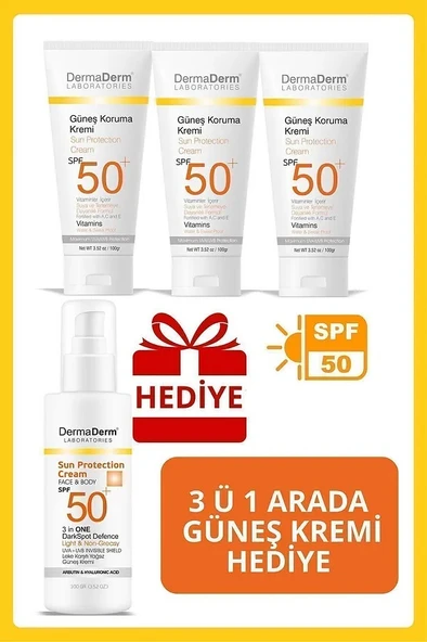 Dermaderm 3 Adet Spf 50+ Güneş Koruma Vitaminli Yüz ve Vücut Güneş Kremi 3 x 100ml ve 1 Adet Yüksek Koruma Leke Karşıtı Güneş Kremi - 2