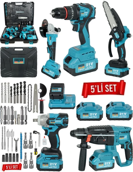 Pro drager Kömürsüz Motor Şarjlı Matkap,Taşlama,Yağ Pompalı Testere,Somun Sıkma,Kırıcı Delici 5 li Ultra Set