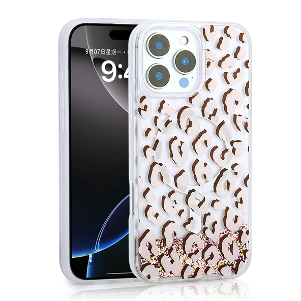 iPhone 16 Pro Max Kılıf Sıvılı Simli Baskılı Şeffaf Arka Yüzey Mossa Silikon Kılıf - Resim 5