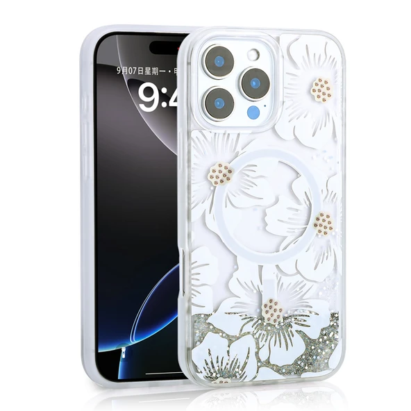 iPhone 16 Pro Max Kılıf Sıvılı Simli Baskılı Şeffaf Arka Yüzey Mossa Silikon Kılıf - Resim 4