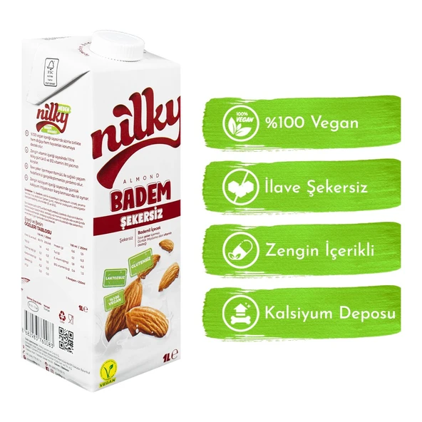 Şekersiz Badem Sütü Glütensiz Bitkisel Bazlı Laktosuz Vegan 1 lt - 3