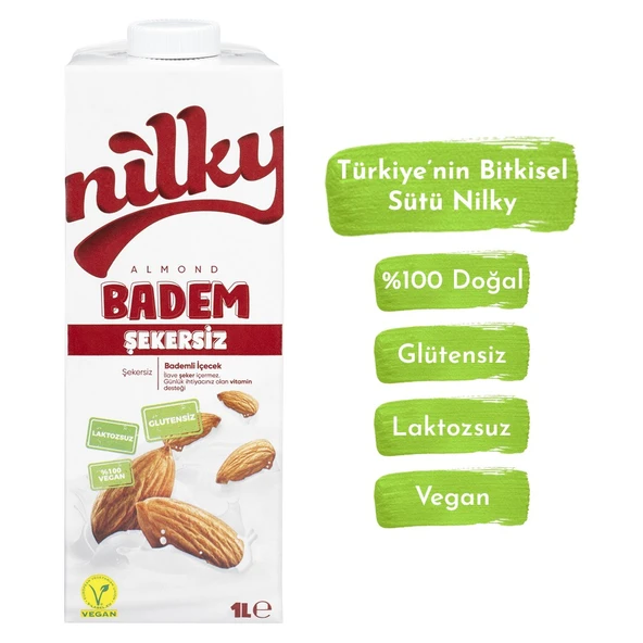 Şekersiz Badem Sütü Glütensiz Bitkisel Bazlı Laktosuz Vegan 1 lt