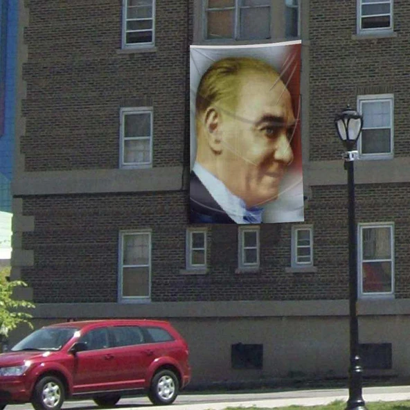 Gülümseyen Gazi Mustafa Kemal Atatürk Portre Poster Cephe Bayrağı - 3x4,5 metre ürün görseli 1