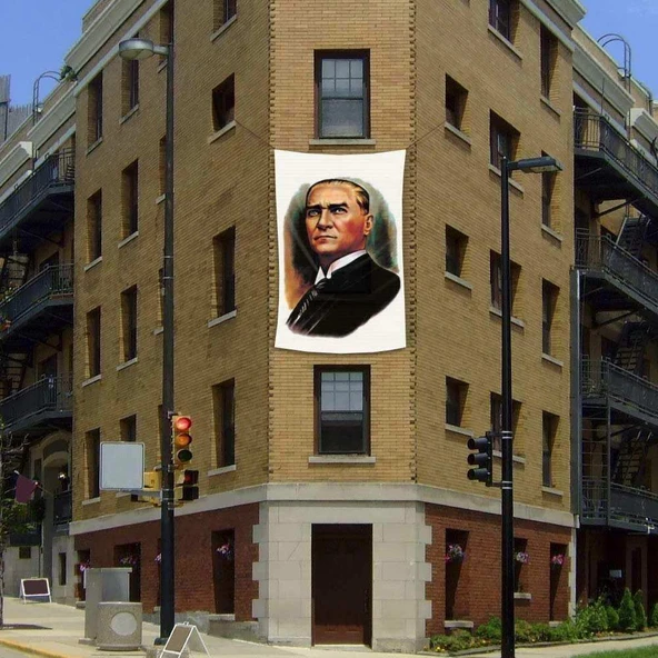 Gazi Mustafa Kemal Atatürk Portre Cephe Poster Bayrak - 2x3 metre